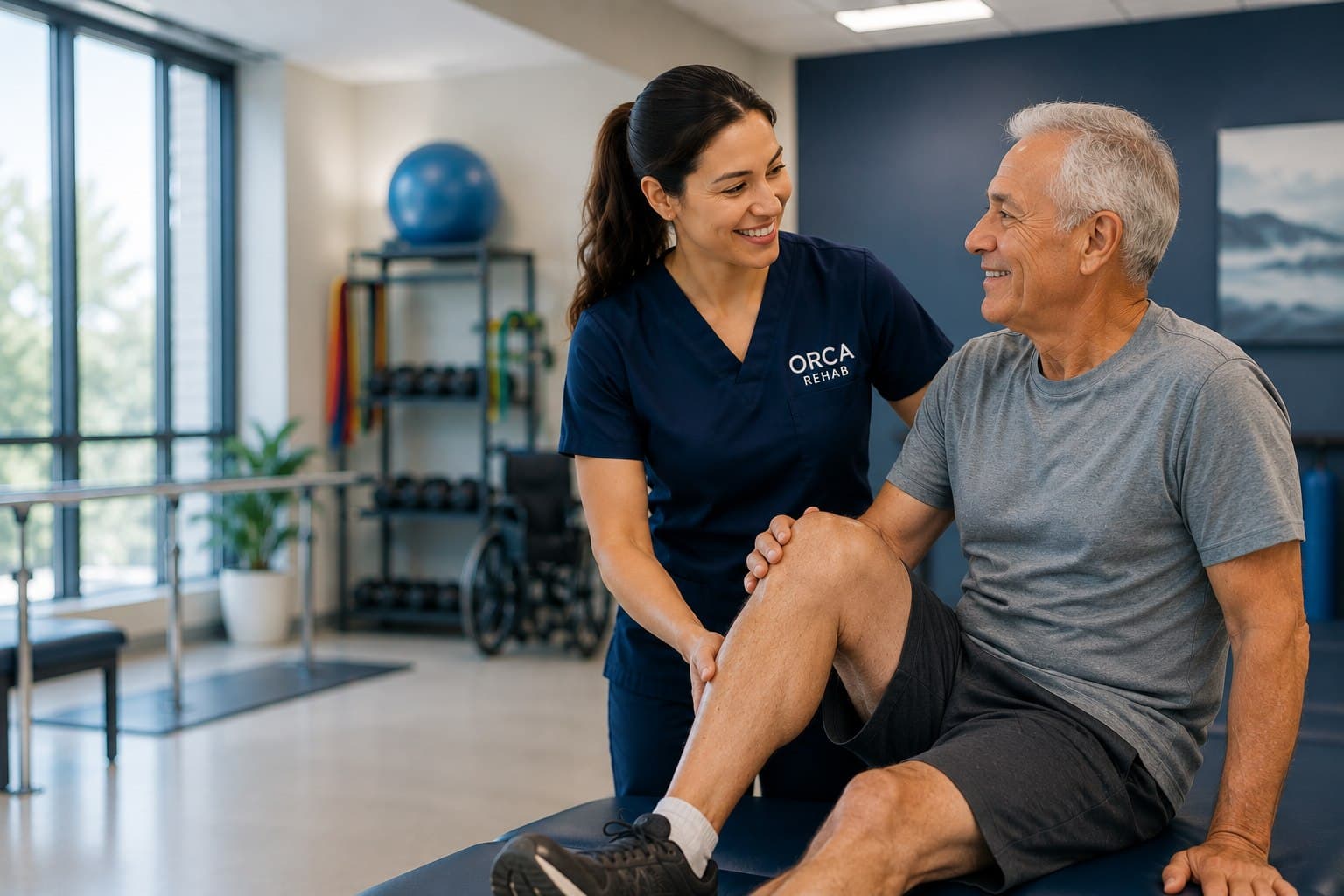 An ORCA Rehab clinician guiding a patient through a mobility exercise